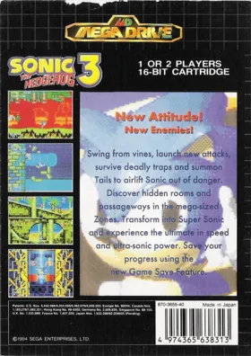 Sonic The Hedgehog 3 (USA) box cover back